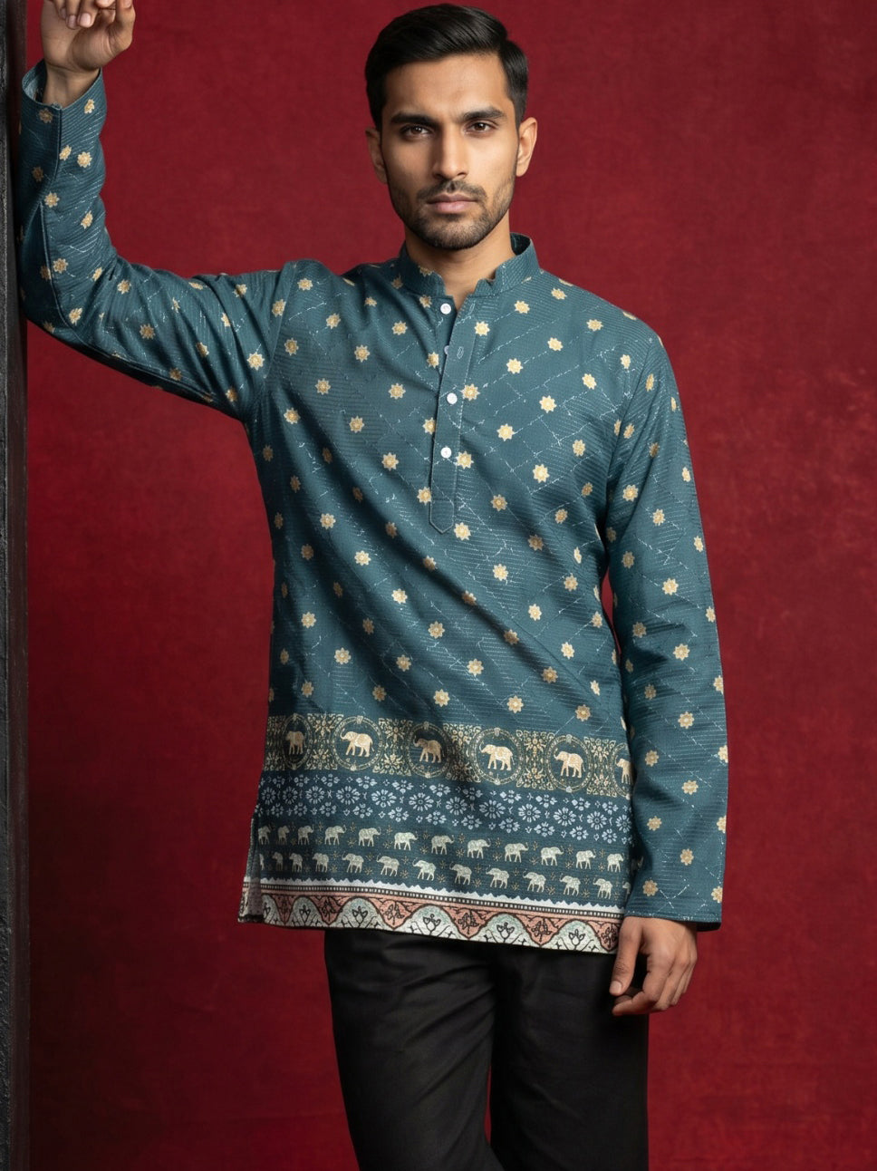 Men's Cotton Blend Printed Kurta ( 65KO 5593Teal ) [FF] [H-9]