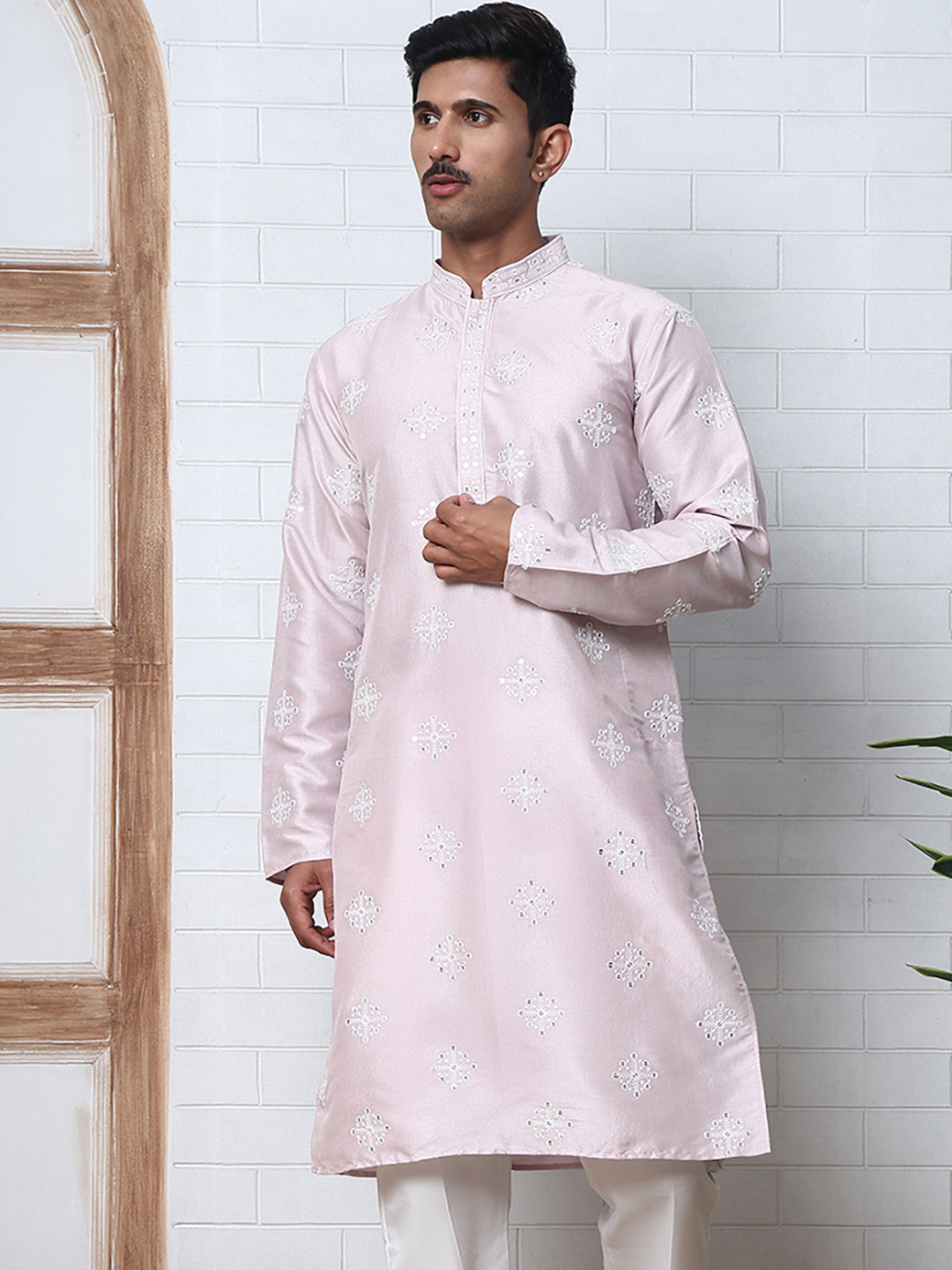 Men's Silk Blend Mirror & Thread Work Kurtas ( ANMKO 287Lavender )  [RT] [D-4]
