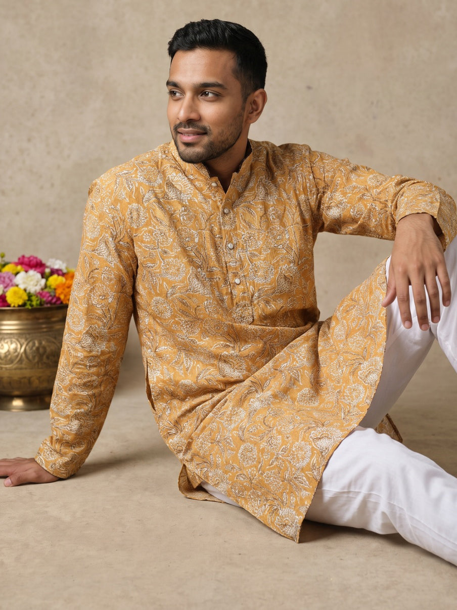 Floral Print & Thread Work Kurta Pyjama Set ( 65KP W P 5640 Mustard )