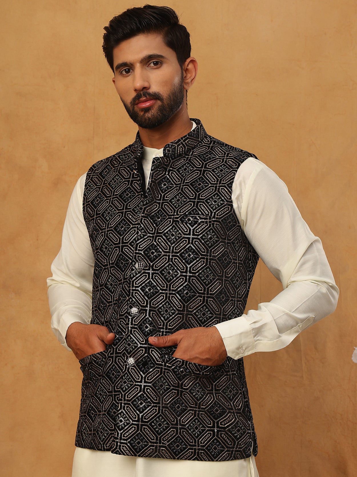 Velvet Embroidered Nehru Jacket Kurta Pyjama Set ( HOPKPWC_592W_7029Black )