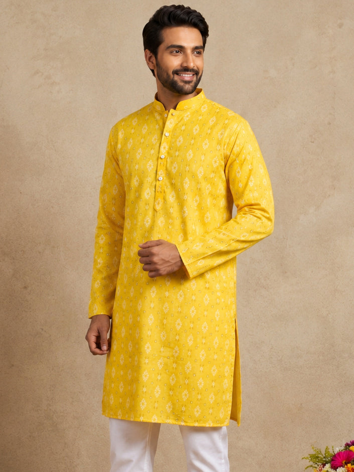Men's Foil Print Traditional Kurta ( 65KO 5630 Yellow )