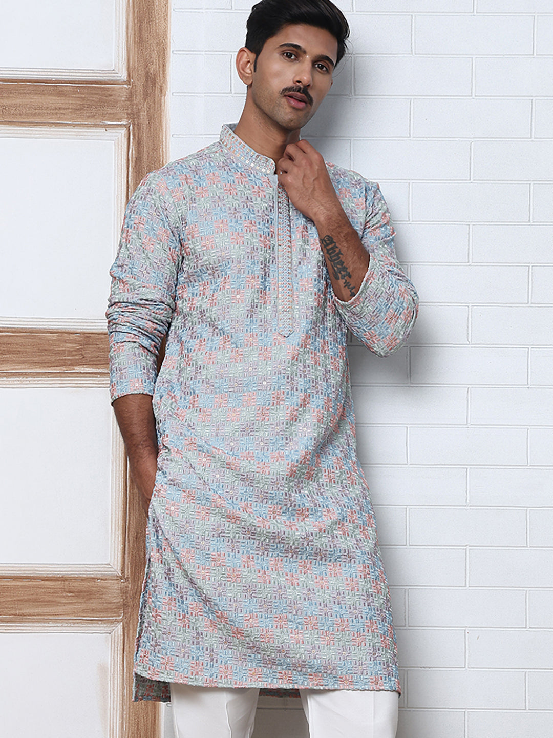 Viscose Rayon Self-Design Embroidered Kurtas ( ANMKO 278Blue )  [RT] [M-6]