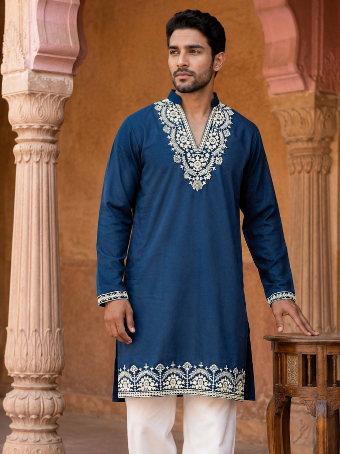 Cotton Blend Embroidered Kurta for Men ( 65KO 5634 Peacock )