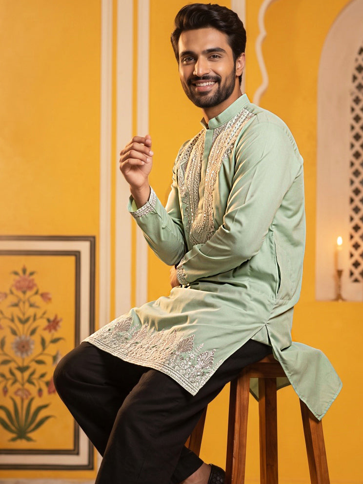 Embroidered Cotton Blend Kurta for Men ( 65KO 5639 Green )