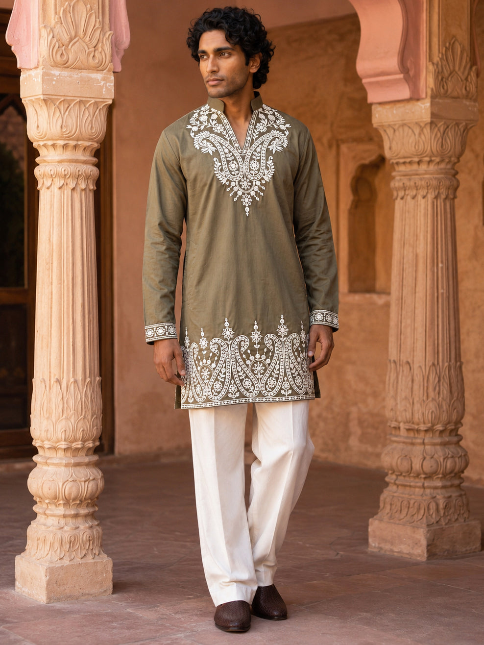 Embroidered Cotton Blend Kurta with Korean Pants ( 65KP PJ11W C 5635 Olive )
