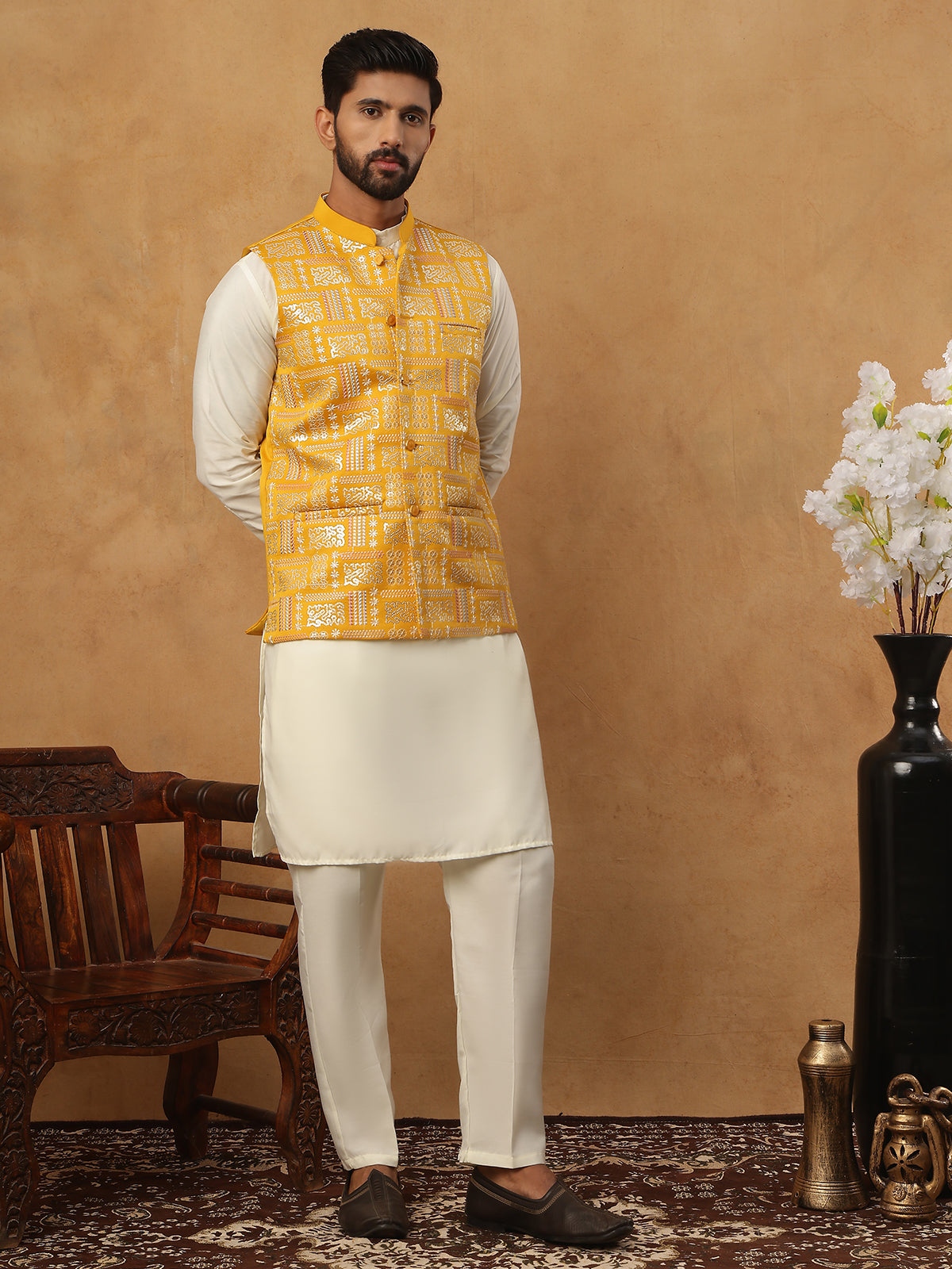 Embroidered Nehru Jacket Set with Solid Kurta Pyjama (65KPWC 592W 4150 Mustard )