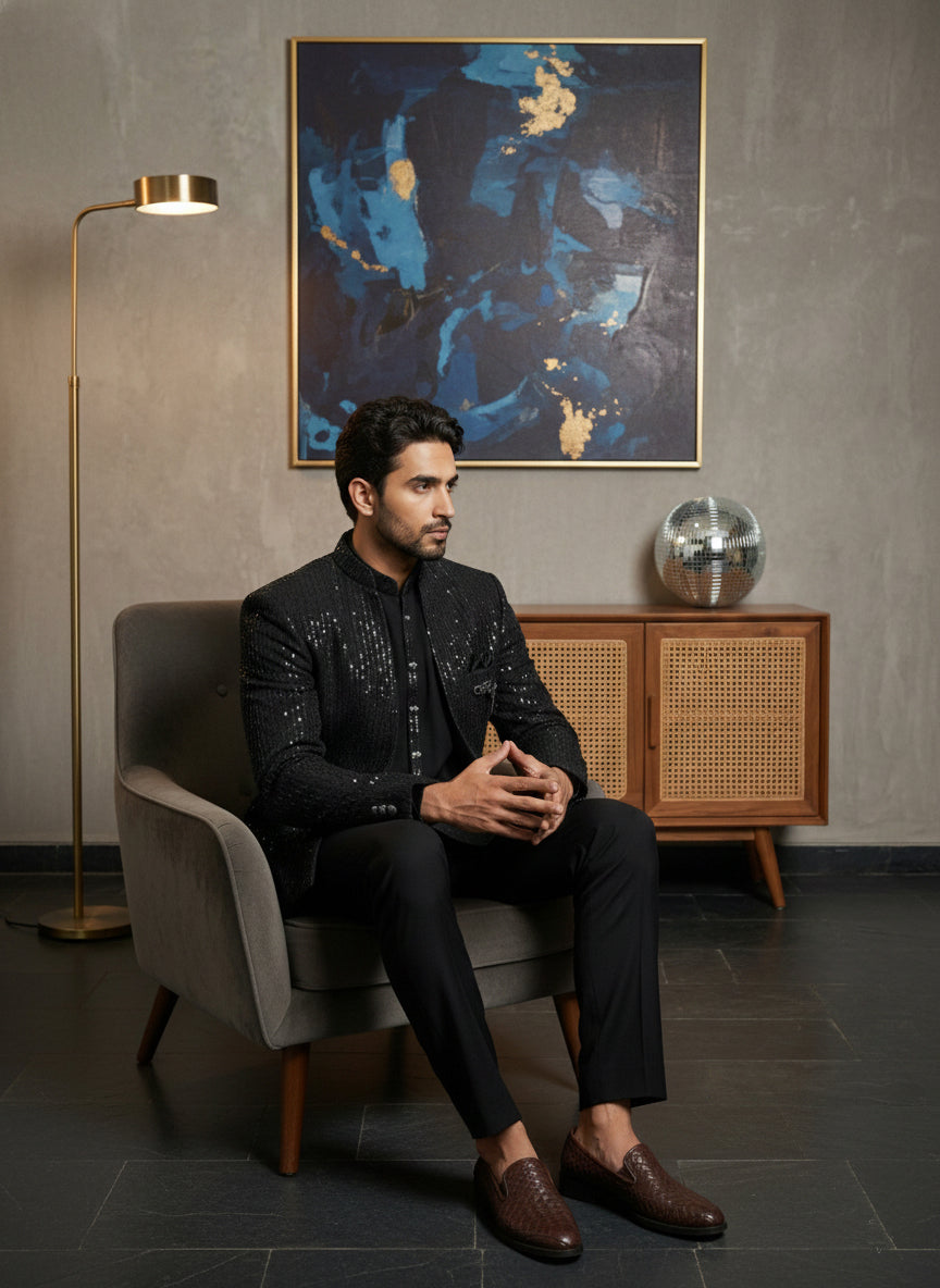 Men’s Premium Embroidered Indo-Western Set ( 50JIND 128Black S )