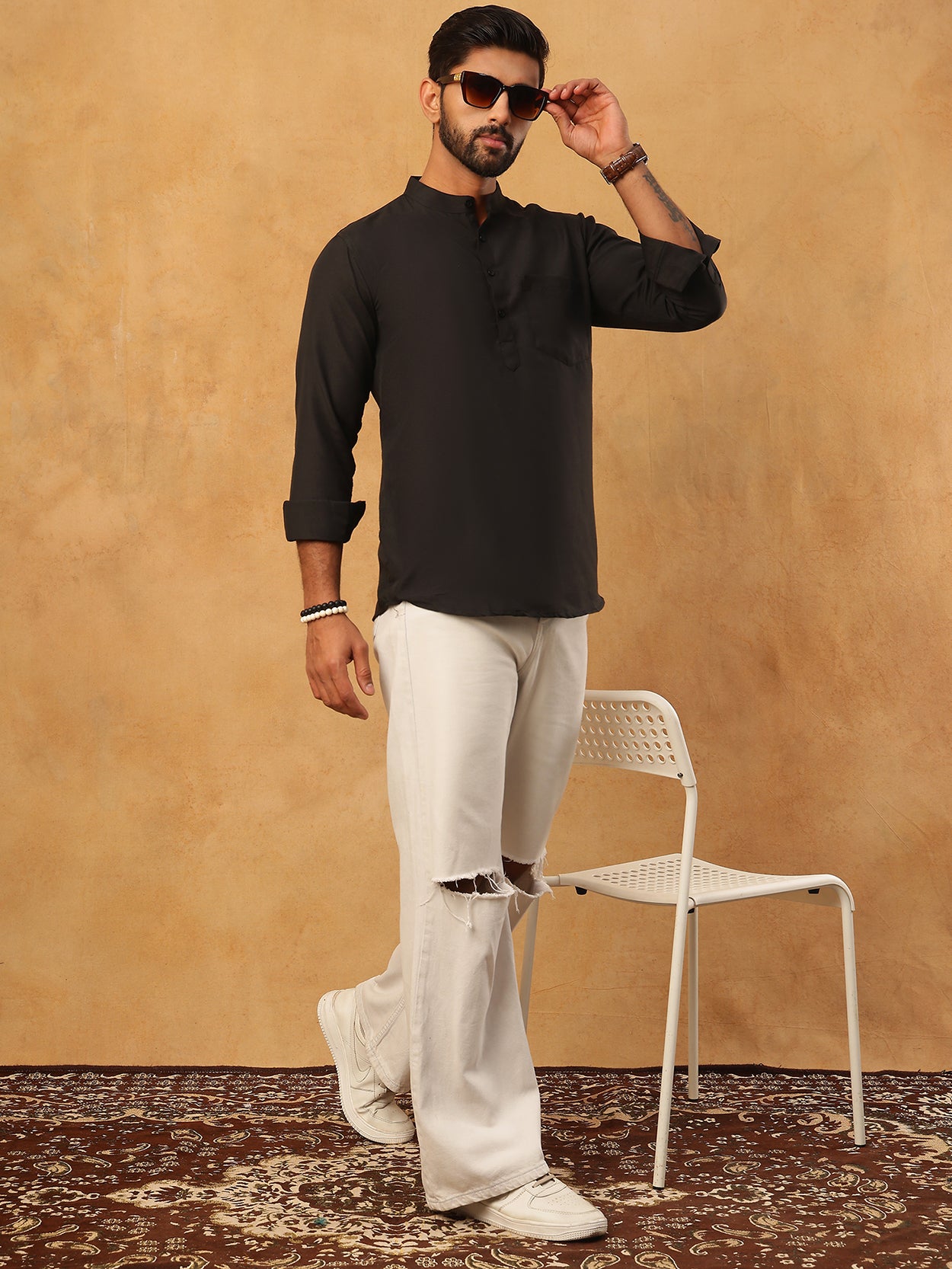 Solid Casual Short Kurta for Men ( ANMKO 304Black )