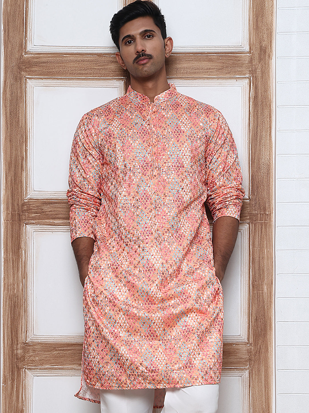 Men's Festive Sequins & Thread Work Kurtas ( ANMKO 288Peach )  [RT] [C-3]