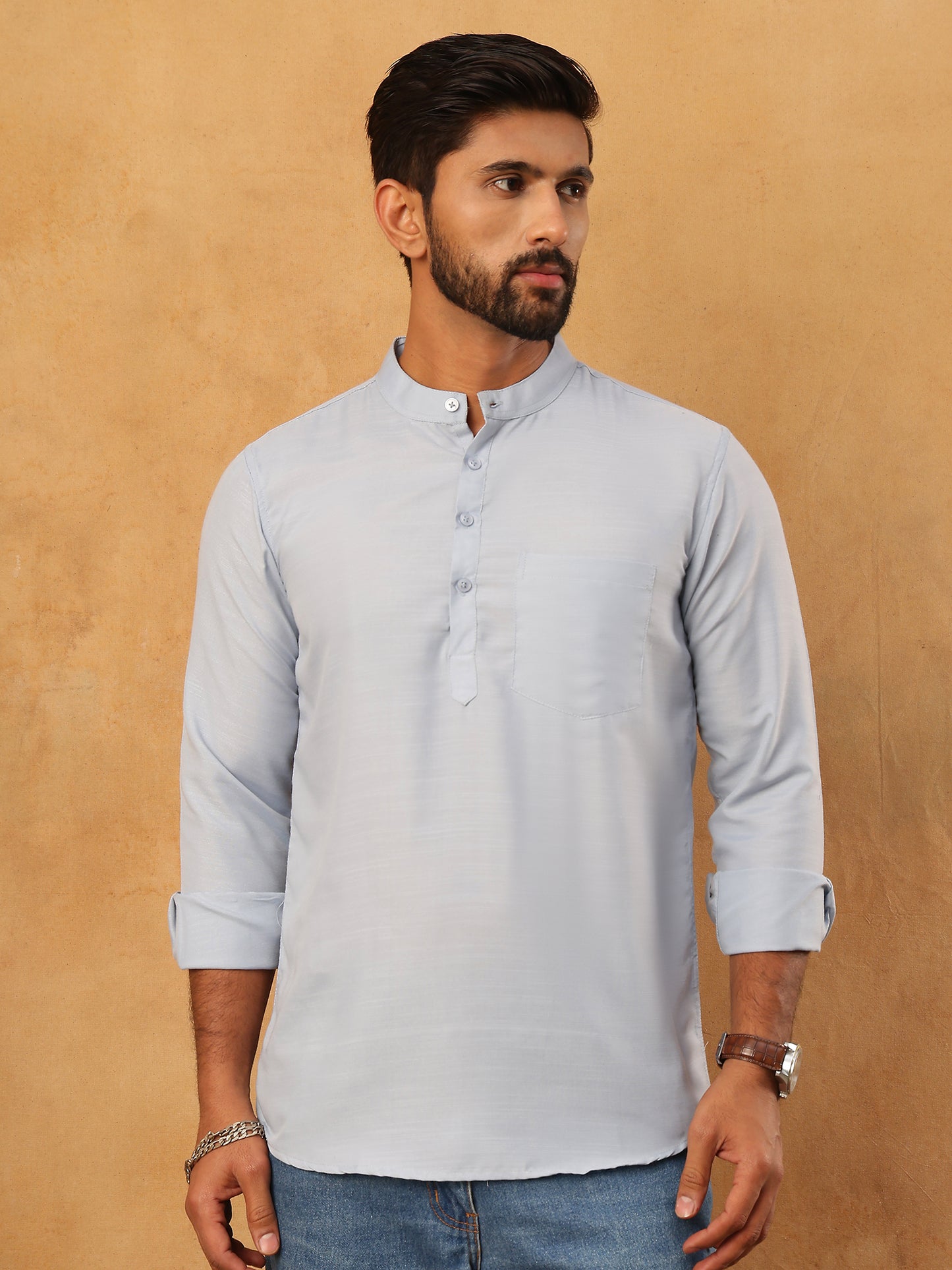 Solid Casual Short Kurta for Men ( ANMKO 304Sky )