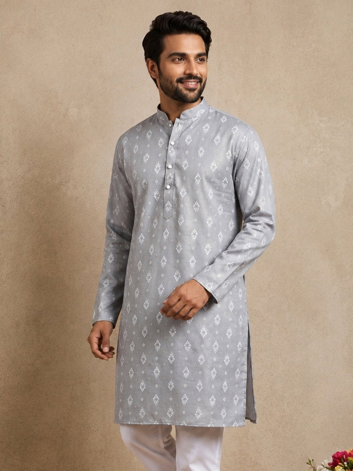 Men's Foil Print Traditional Kurta ( 65KO 5630 Grey )