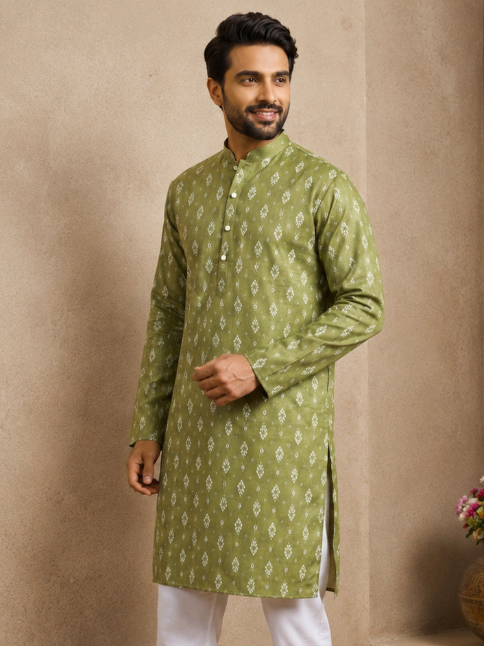 Men's Foil Print Traditional Kurta ( 65KO 5630 Olive )