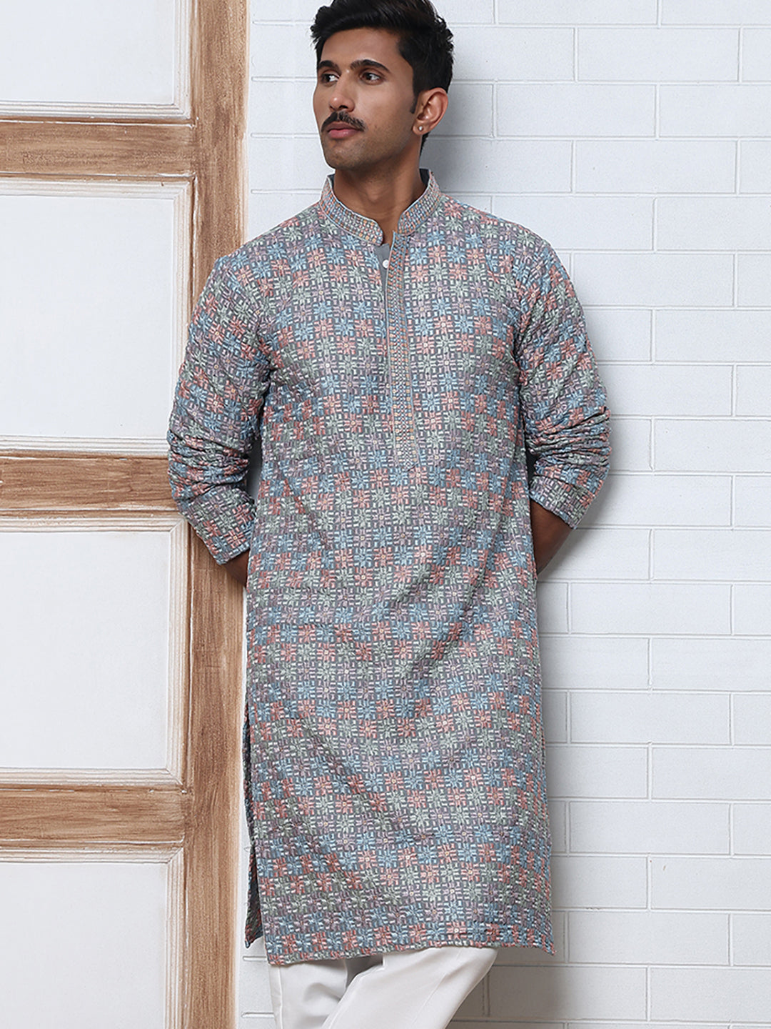 Viscose Rayon Self-Design Embroidered Kurtas ( ANMKO 278Grey )  [RT] [M-6]