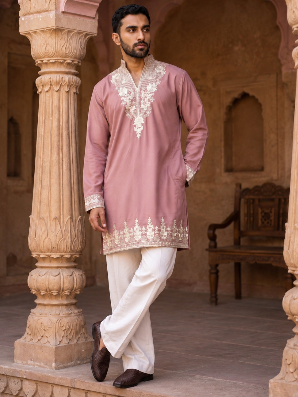Embroidered Japanese Fabric Kurta with Korean Pants ( 65KP PJ11W J 5638 Magenta )