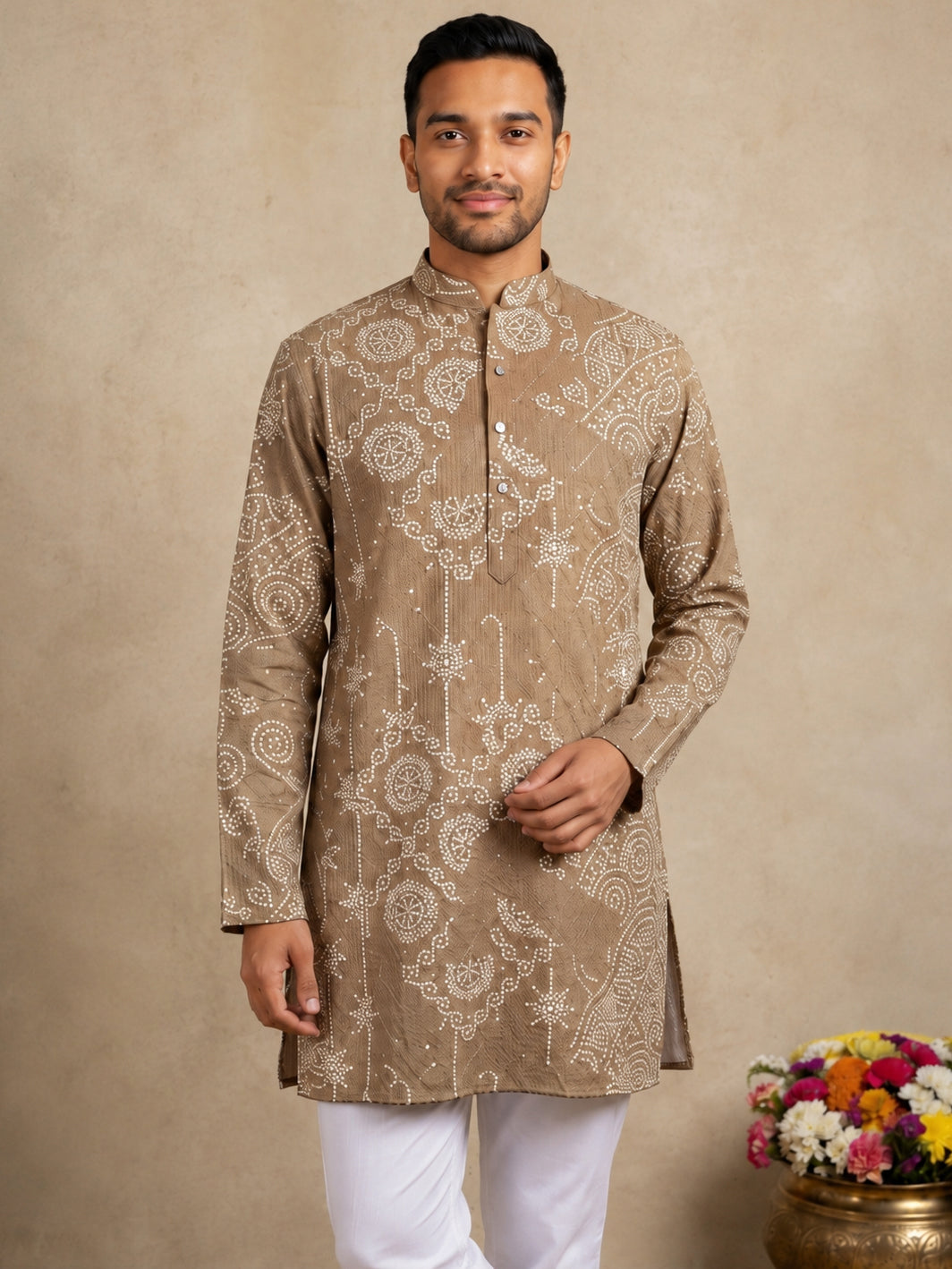Printed Cotton Blend Kurta with Korean Pants ( 65KP W C 5624 Brown )