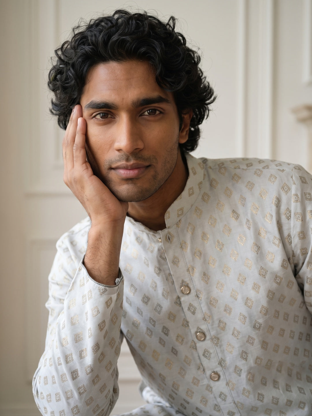 Men's Foil Print Traditional Kurta ( 65KO 5642 White )