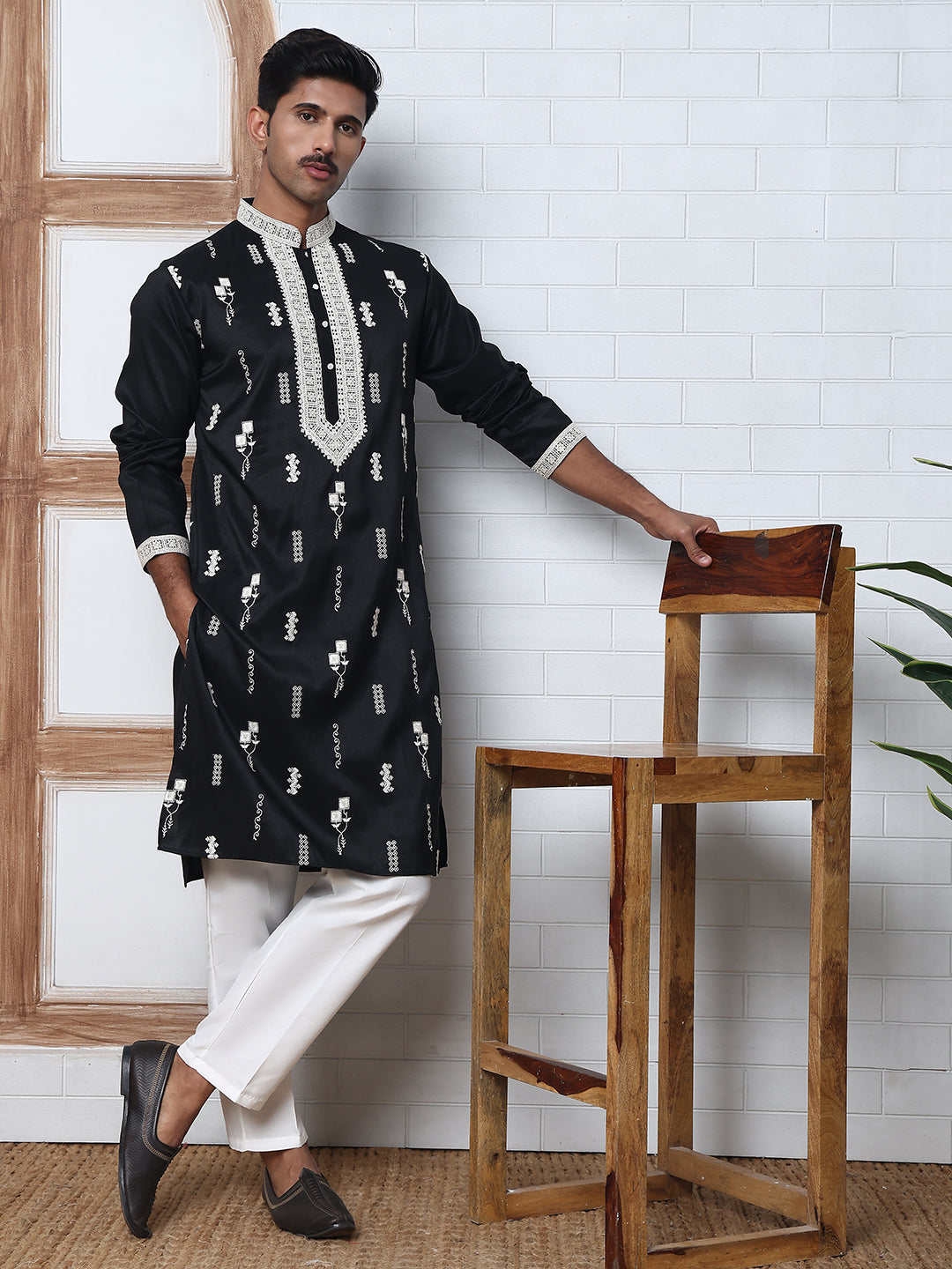 Men Silk Blend Ethnic Embroidered Kurtas ( HOPKO 012Black )  [RT] [P-3]