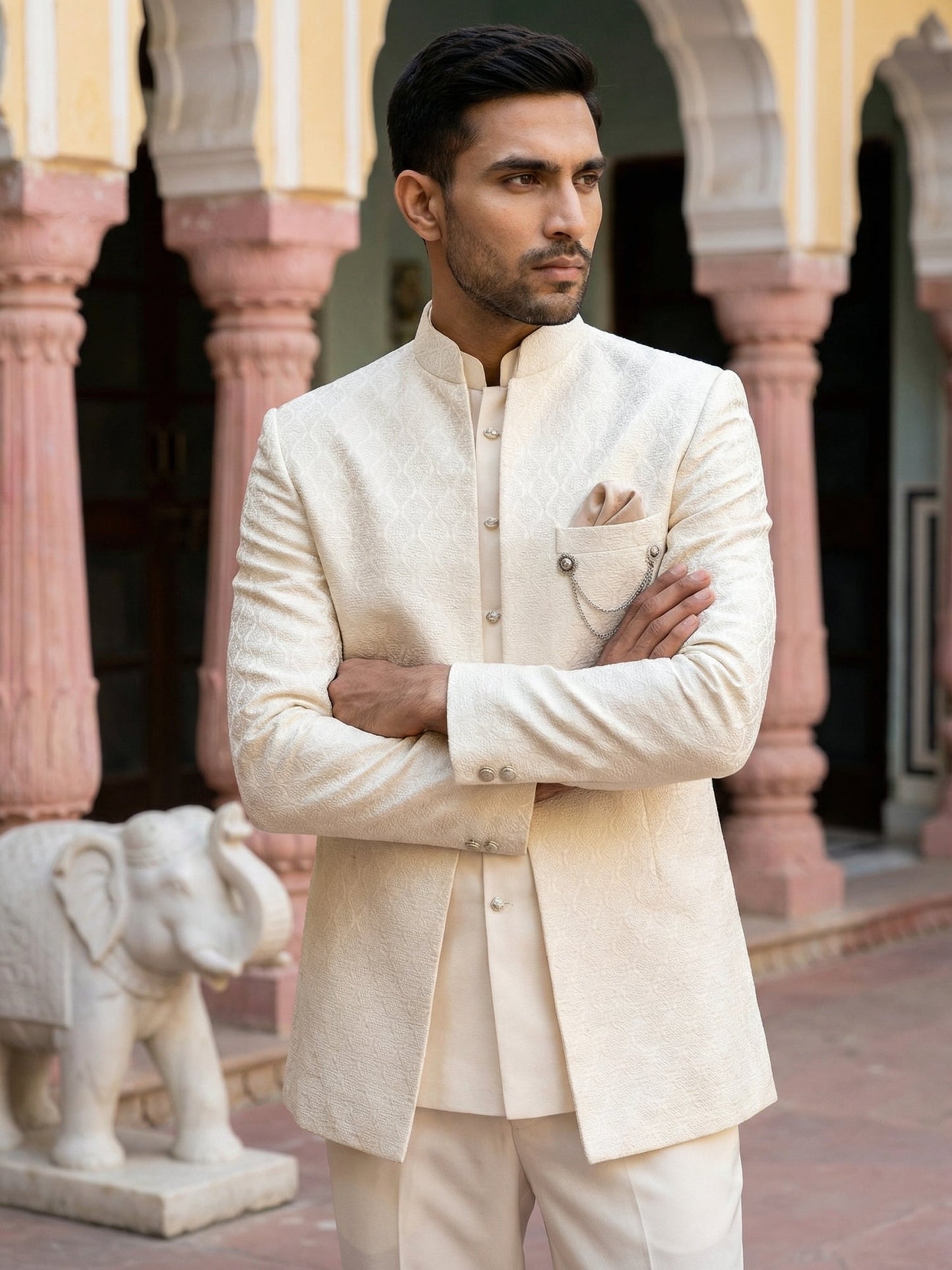 Men Woven Jacquard Indo-Western Set ( 50JIND 155Cream S )