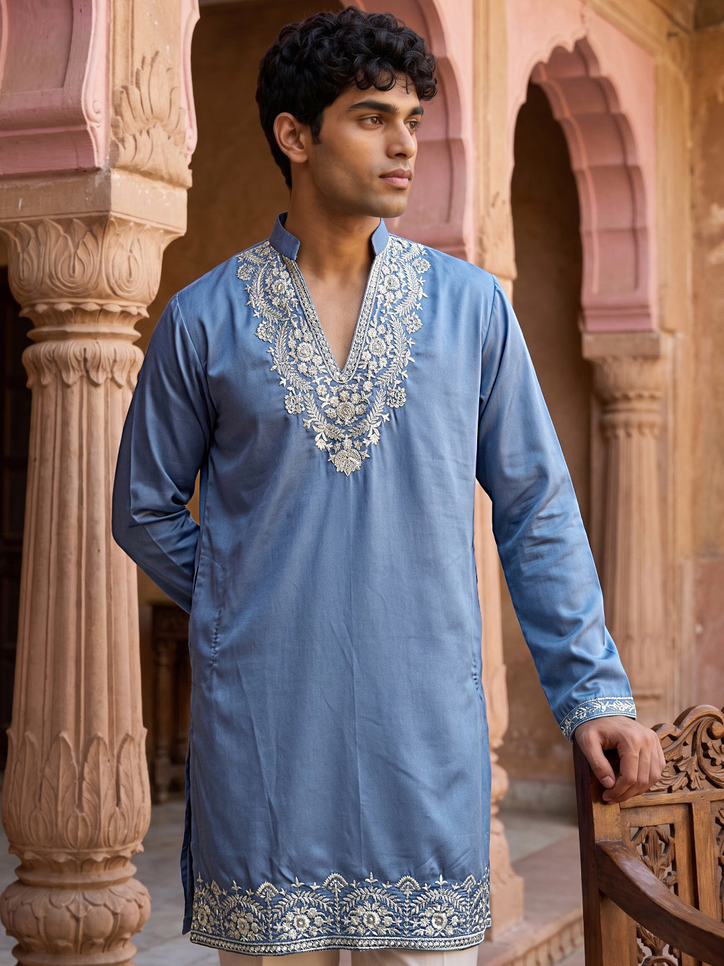 Cotton Blend Embroidered Kurta with Korean Pants ( 65KP PJ11W B 5634 Blue )