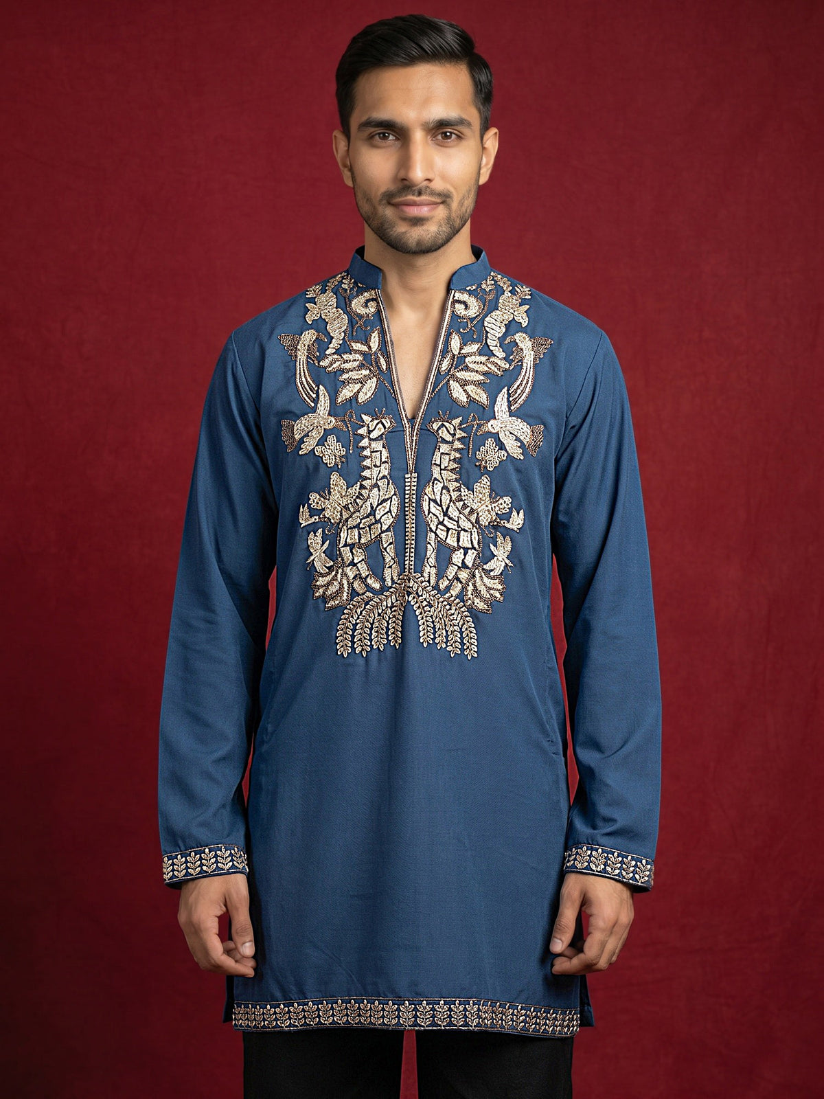 Men's Japanese Fabric Embroidered Kurta ( 65KO 5592Peacock ) [FF] [G-4]