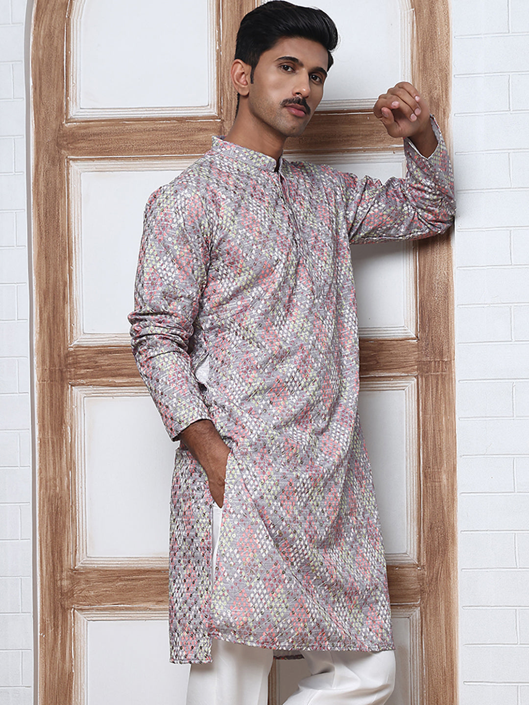 Men's Festive Sequins & Thread Work Kurtas ( ANMKO 288Grey )  [RT] [C-3]