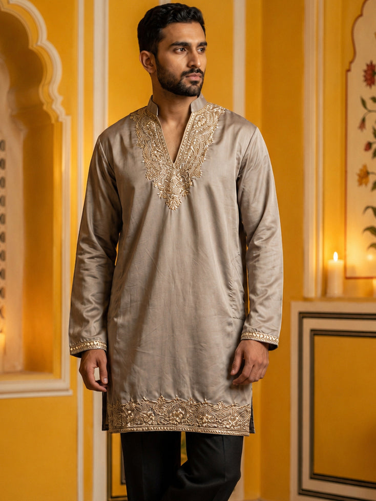 Cotton Blend Embroidered Kurta for Men ( 65KO 5634 Brown )