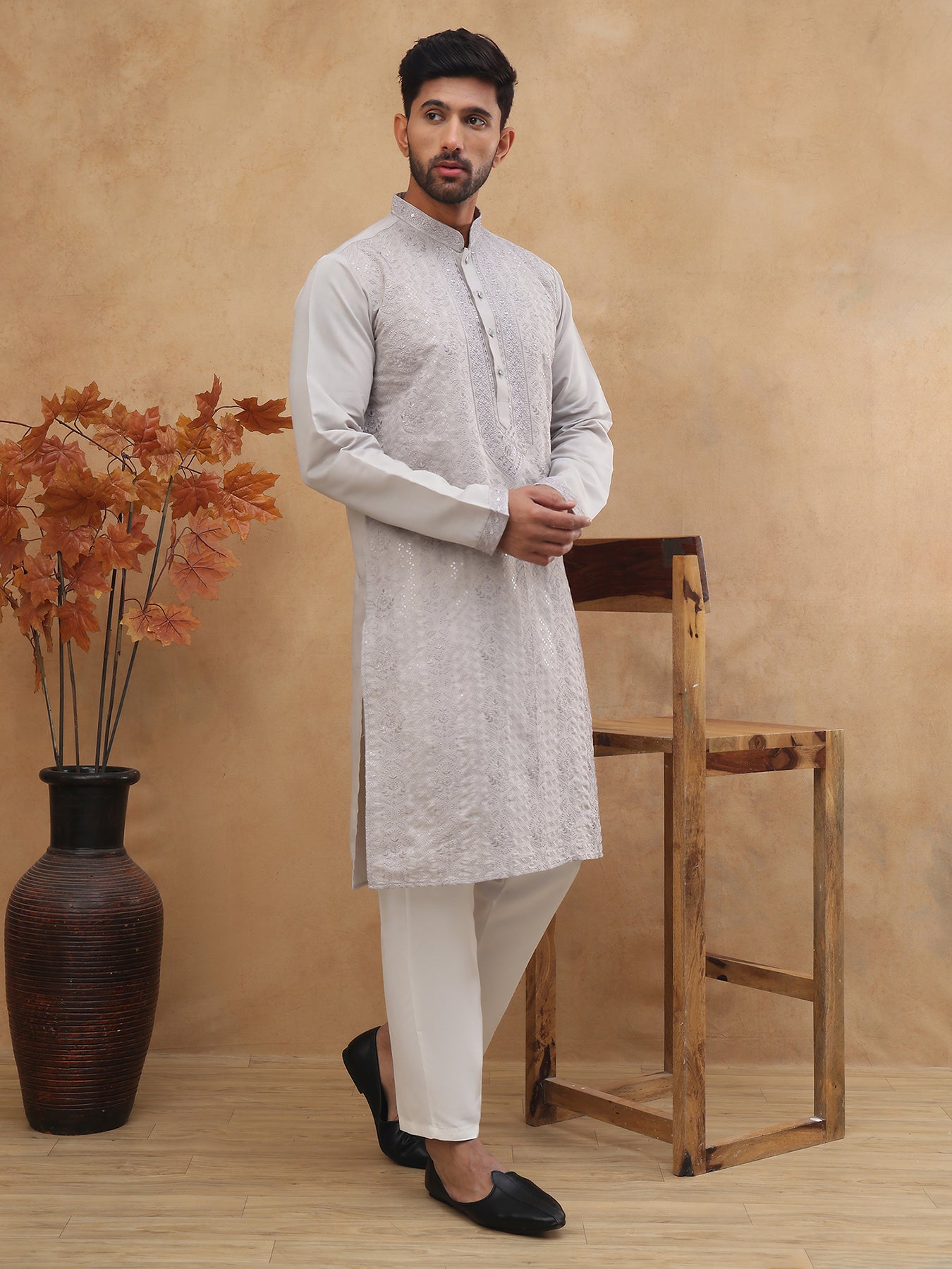 Men’s Silk Blend Embroidered Kurtas  ( HOPKO 003Grey )  [RT] [O-2]
