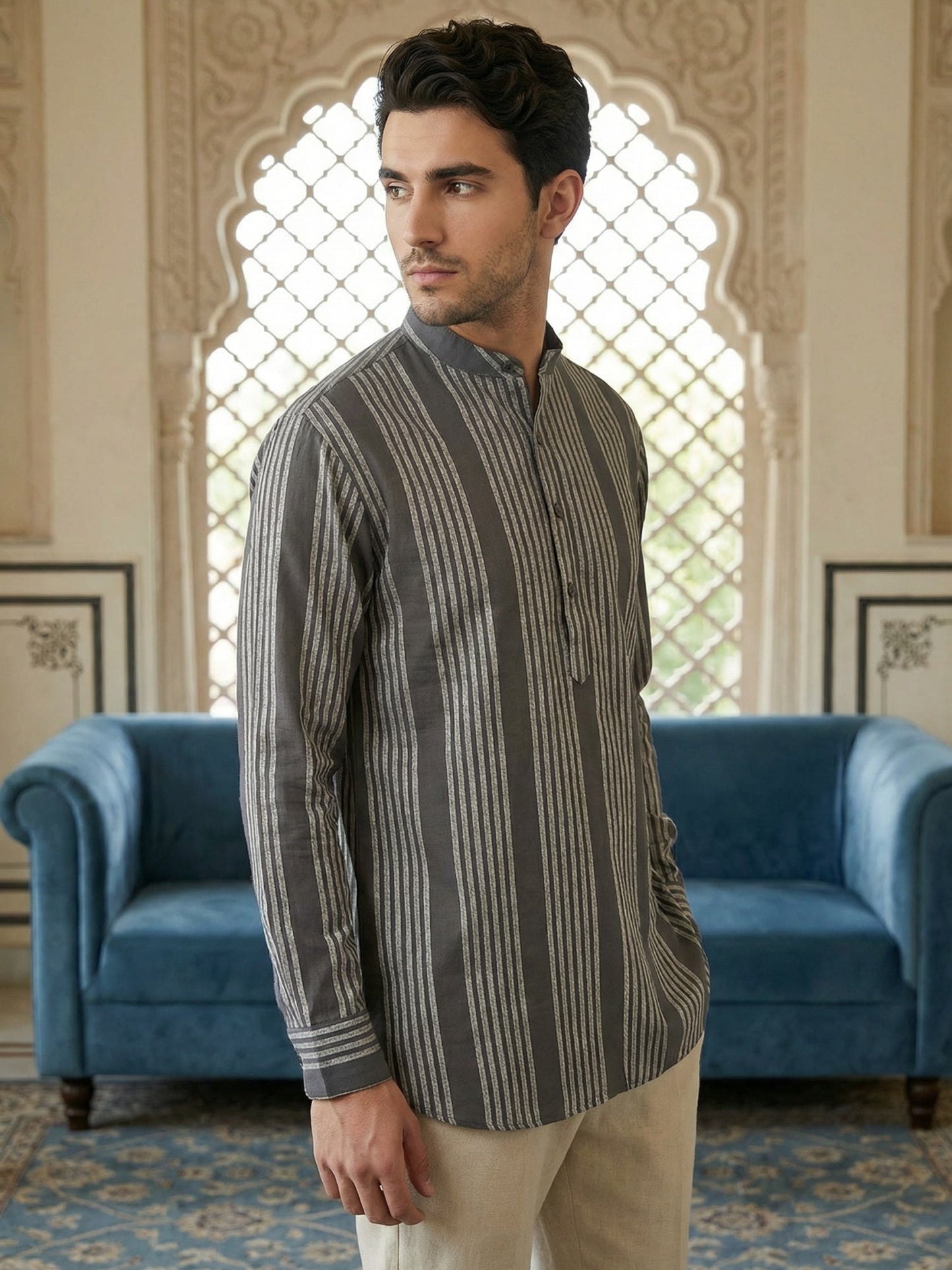Stripe Pattern Cotton Blend Ethnic Kurta ( 65KO 5482Grey S ) [FF] [K-13]