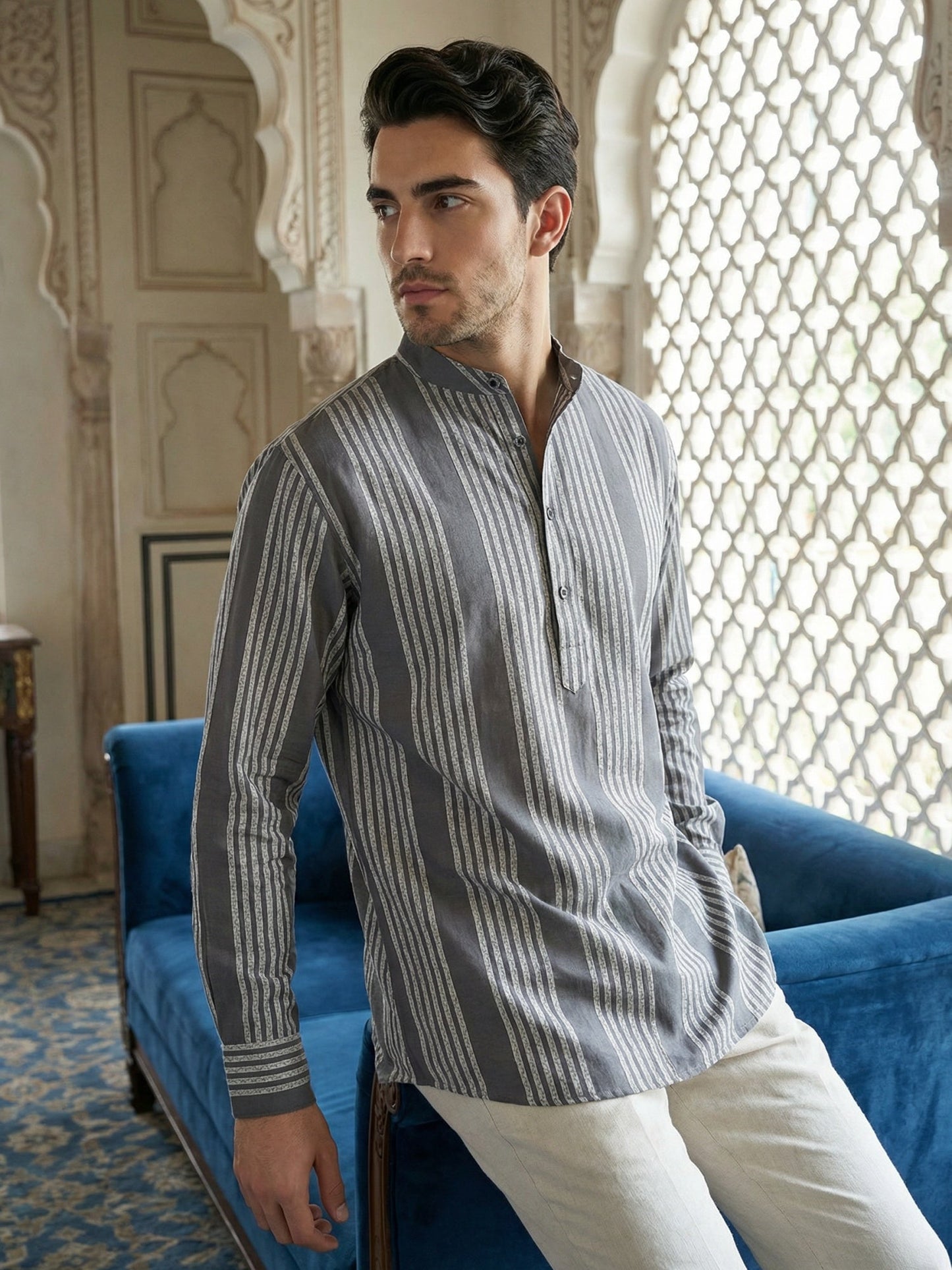 Stripe Pattern Cotton Blend Ethnic Kurta ( 65KO 5482Grey S ) [FF] [K-13]