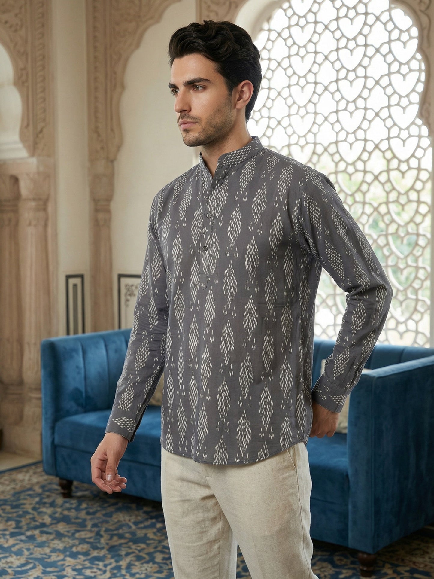 Stylish All-Over Print Casual Ethnic Short Kurta ( 65KO 5483Grey S ) [FF] [A-1-4]