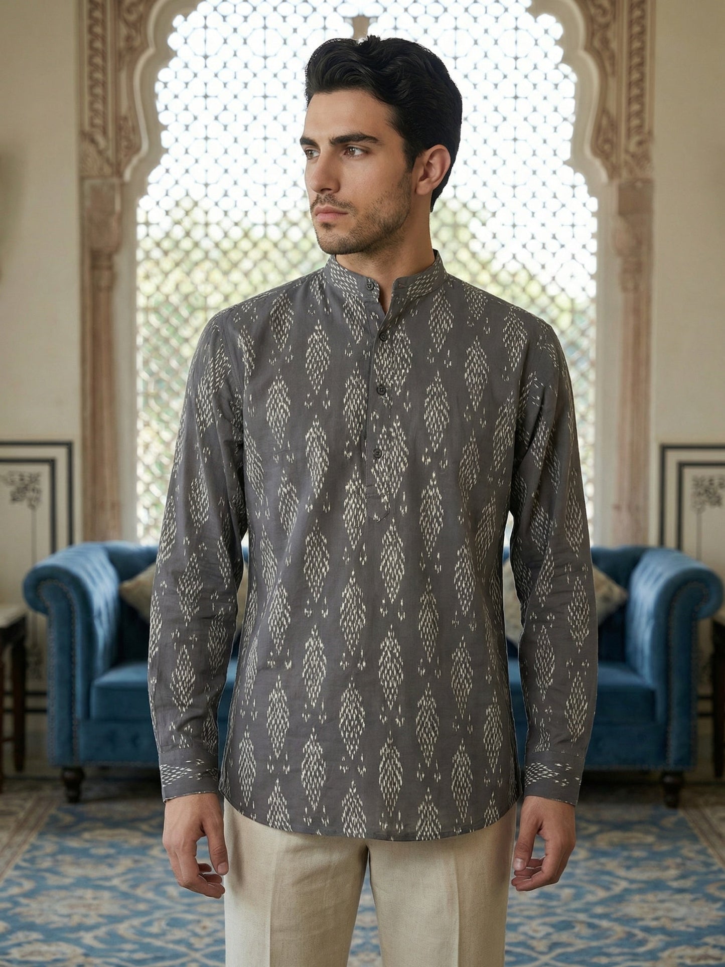 Stylish All-Over Print Casual Ethnic Short Kurta ( 65KO 5483Grey S ) [FF] [A-1-4]