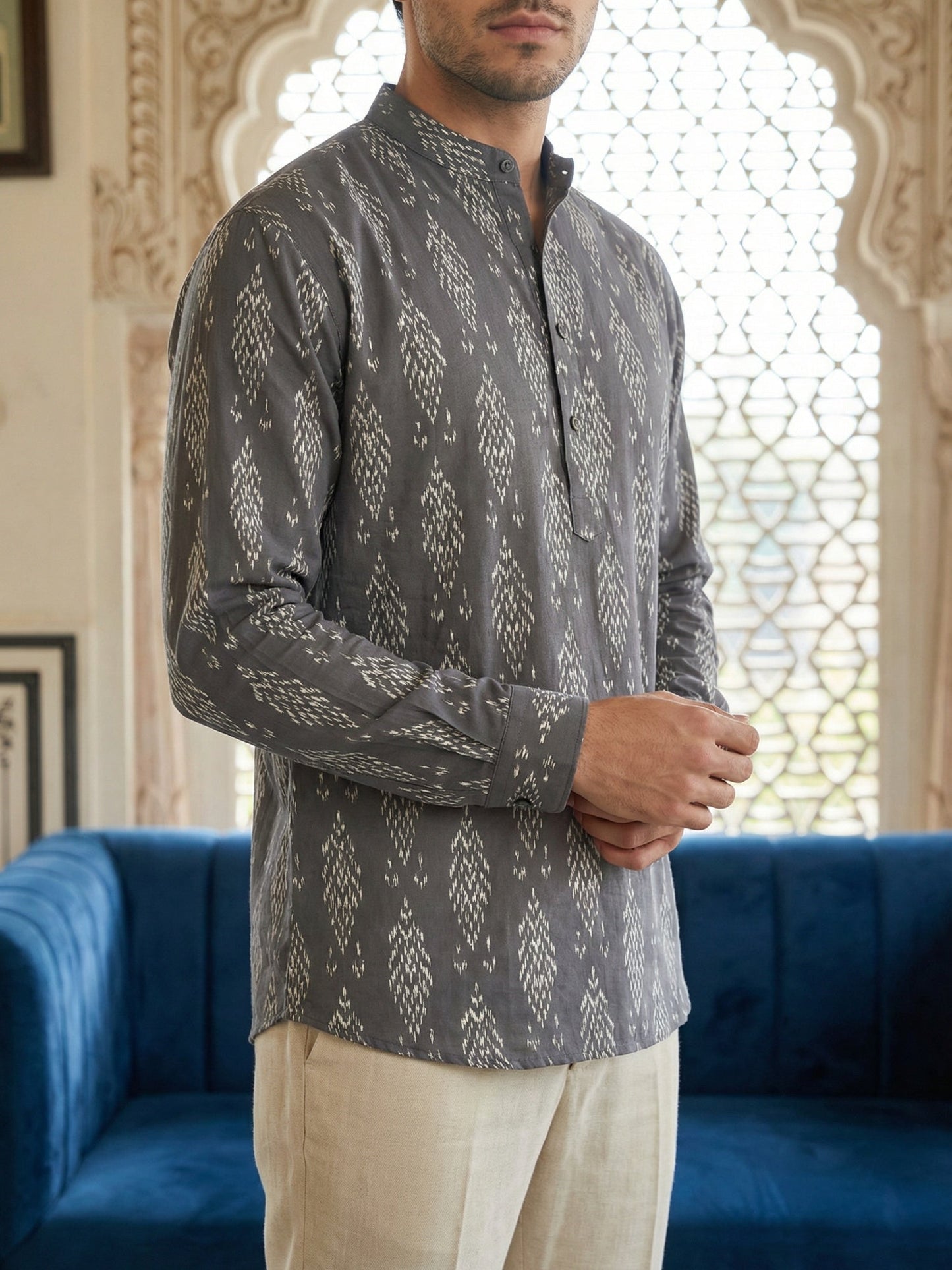 Stylish All-Over Print Casual Ethnic Short Kurta ( 65KO 5483Grey S ) [FF] [A-1-4]