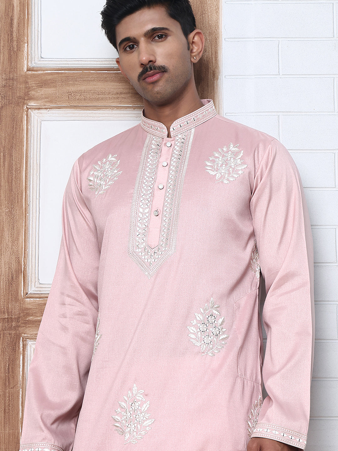 Men’s Silk Blend Ethnic Embroidered Kurta (65KO 5329 Pink ) [FF] [B-1-2]