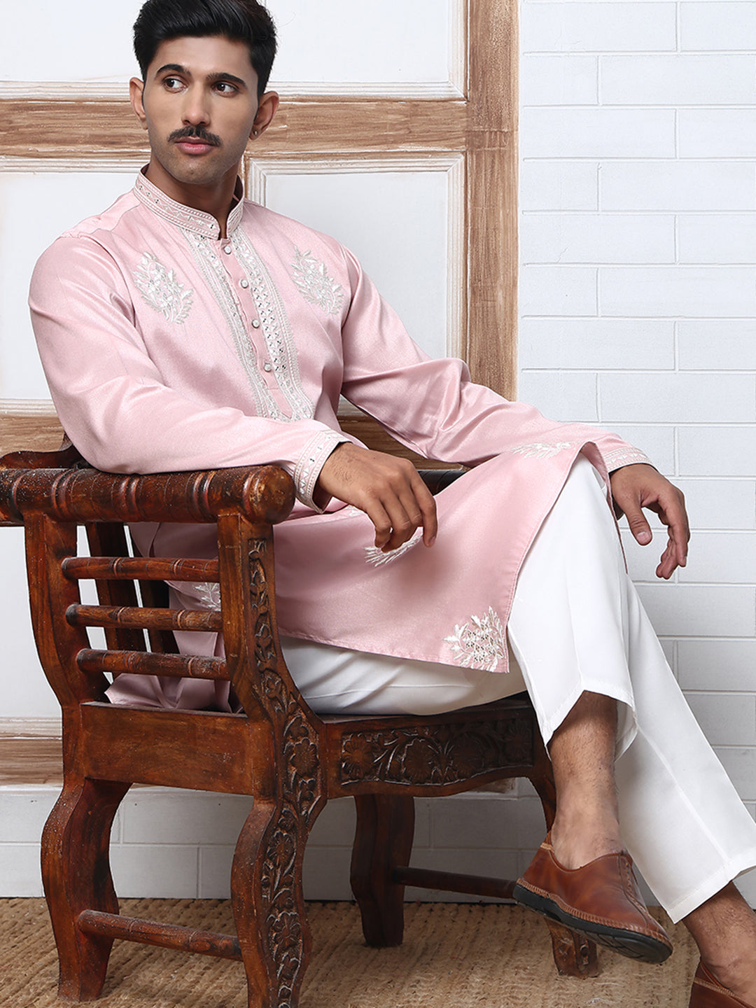 Men’s Silk Blend Ethnic Embroidered Kurta (65KO 5329 Pink ) [FF] [B-1-2]