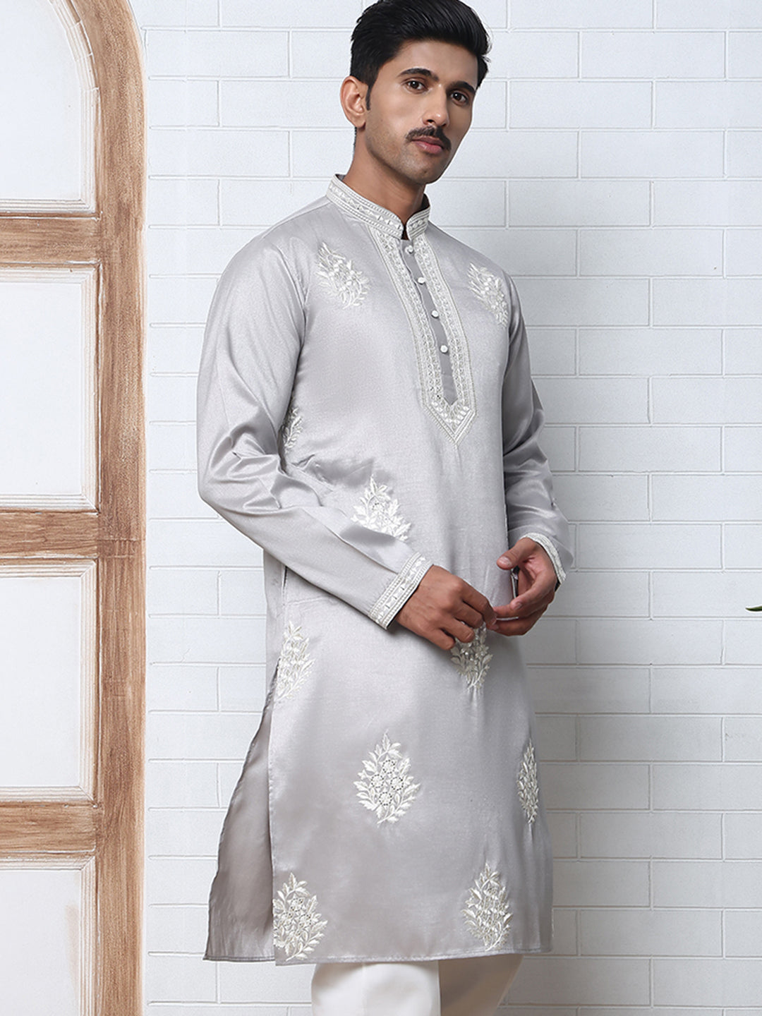 Men’s Silk Blend Ethnic Embroidered Kurta (65KO 5329 Silver ) [FF] [B-1-2]