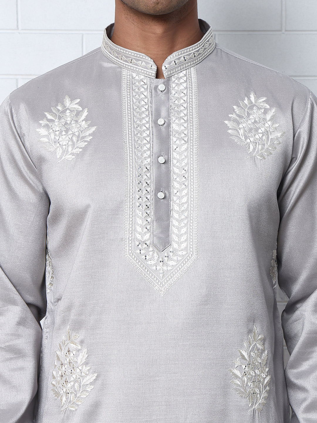 Men’s Silk Blend Ethnic Embroidered Kurta (65KO 5329 Silver ) [FF] [B-1-2]
