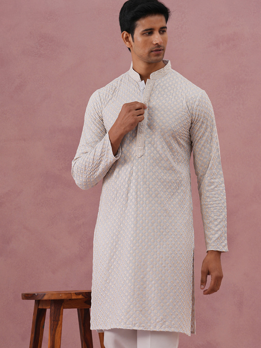 Viscose Rayon Traditional Embroidered Kurta (65KO 5330 Grey ) [FF] [1-1-9]