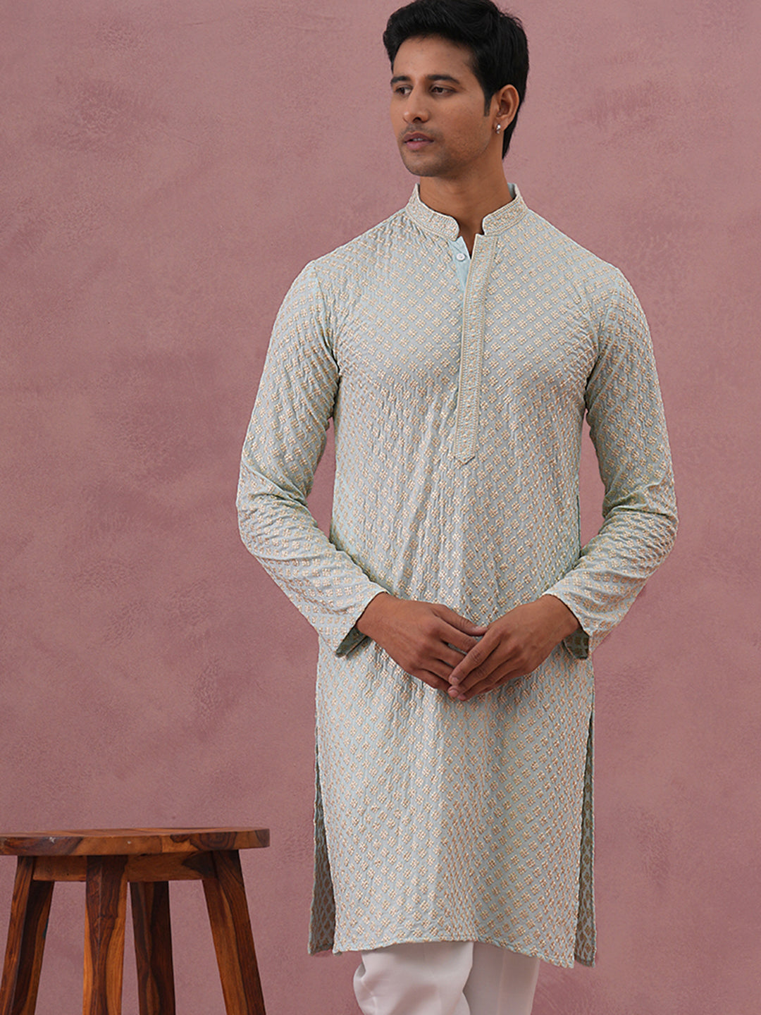 Viscose Rayon Traditional Embroidered Kurta ( 65KO 5330 Sky ) [FF] [1-1-9]