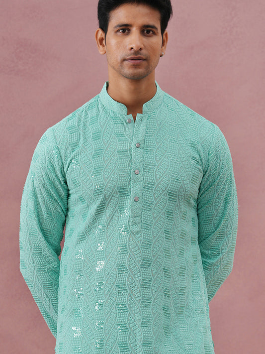 Sequin-Embellished Rayon Embroidered Kurta (65KO 5331 Green ) [FF] [O-6]