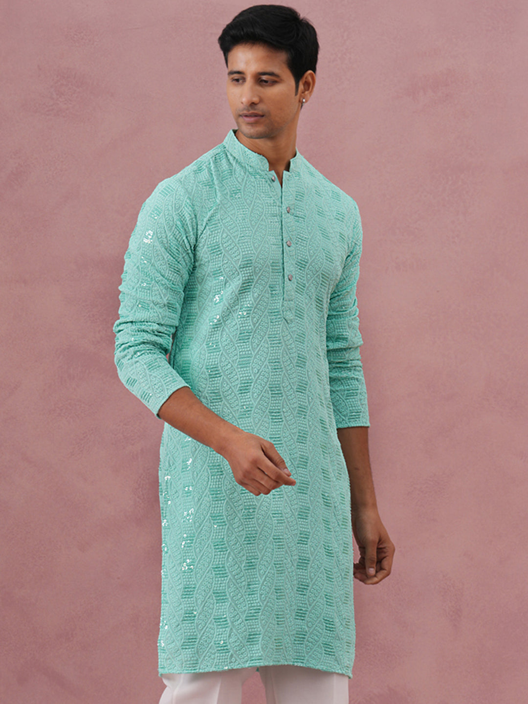 Sequin-Embellished Rayon Embroidered Kurta (65KO 5331 Green ) [FF] [O-6]