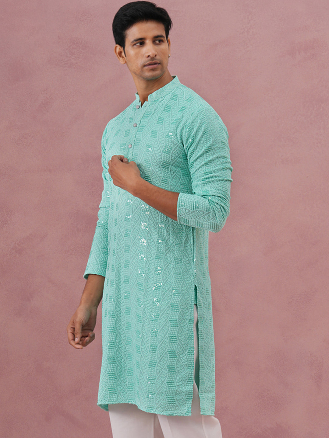 Sequin-Embellished Rayon Embroidered Kurta (65KO 5331 Green ) [FF] [O-6]