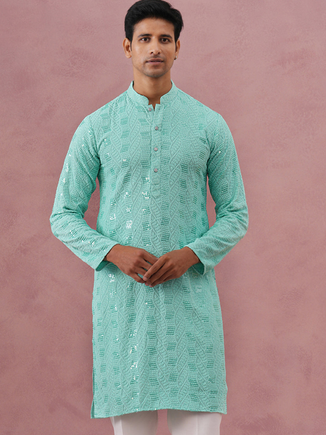 Sequin-Embellished Rayon Embroidered Kurta (65KO 5331 Green ) [FF] [O-6]