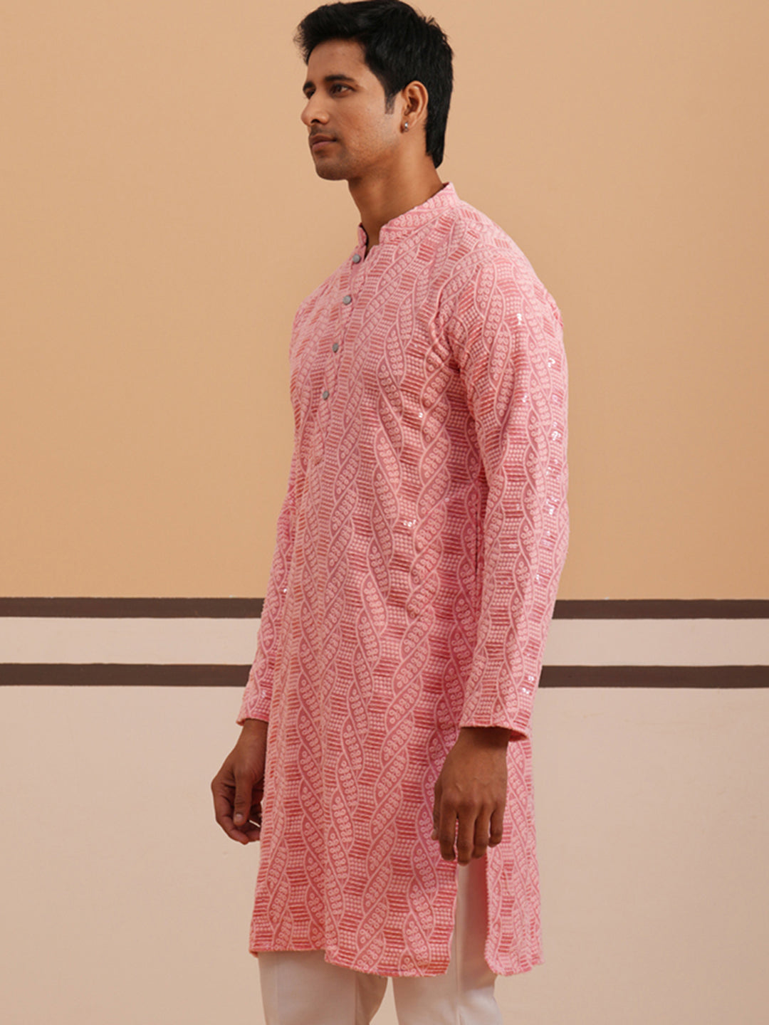 Sequin-Embellished Rayon Embroidered Kurta ( 65KO 5331 Peach ) [FF] [O-6]
