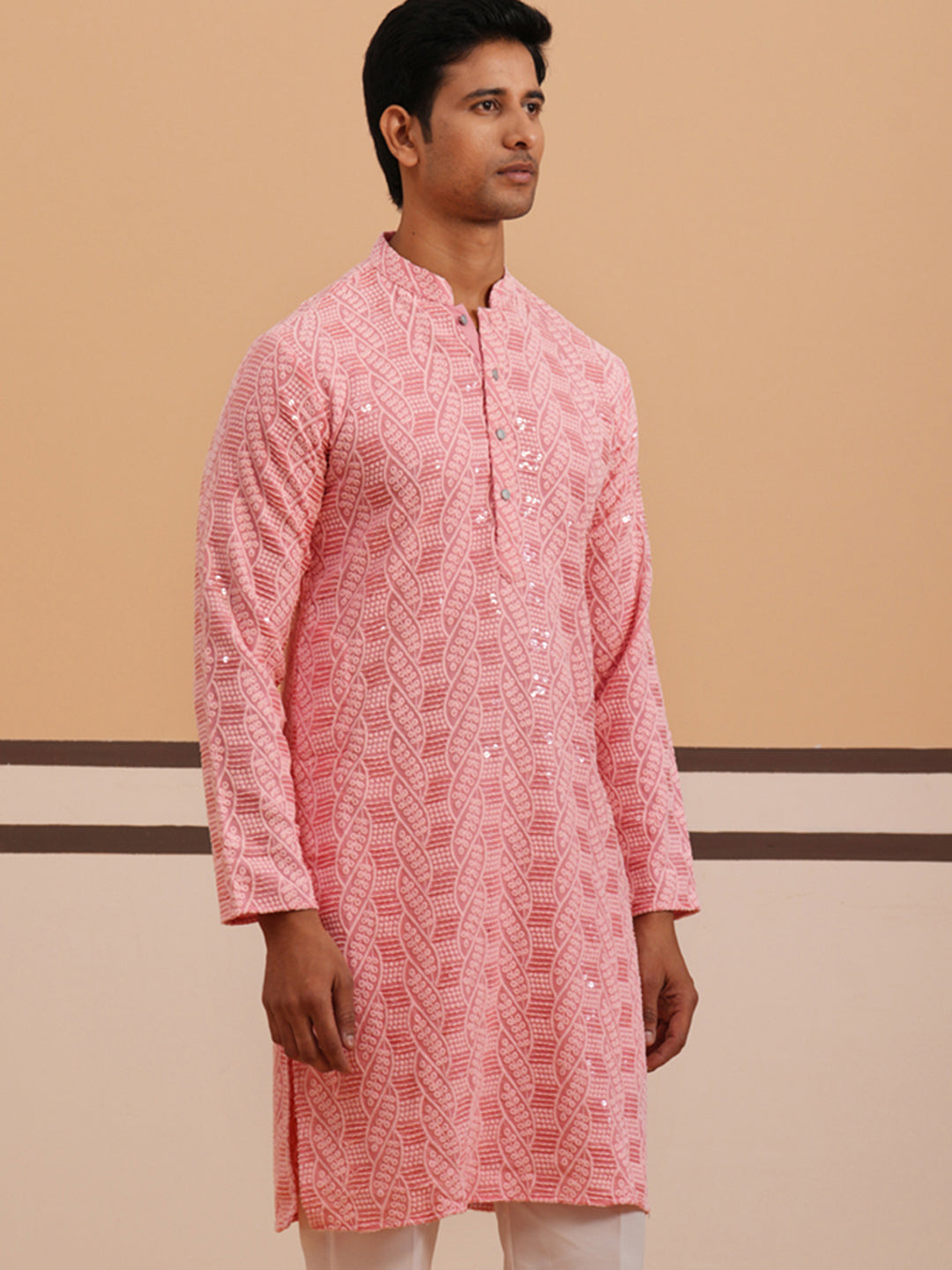 Sequin-Embellished Rayon Embroidered Kurta ( 65KO 5331 Peach ) [FF] [O-6]