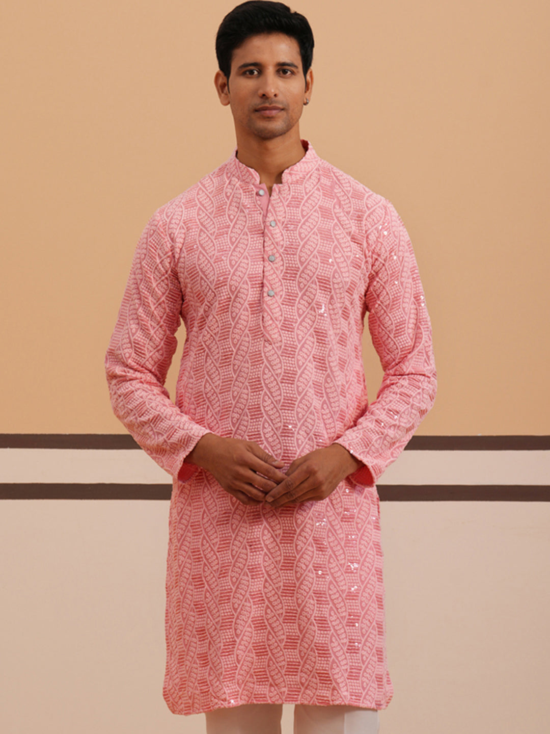 Sequin-Embellished Rayon Embroidered Kurta ( 65KO 5331 Peach ) [FF] [O-6]
