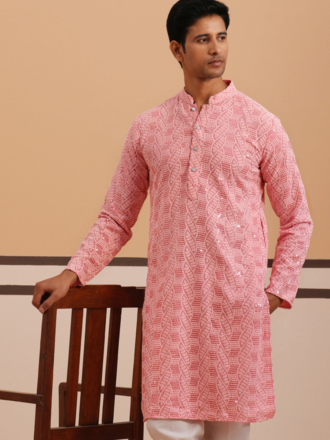 Sequin-Embellished Rayon Embroidered Kurta ( 65KO 5331 Peach ) [FF] [O-6]