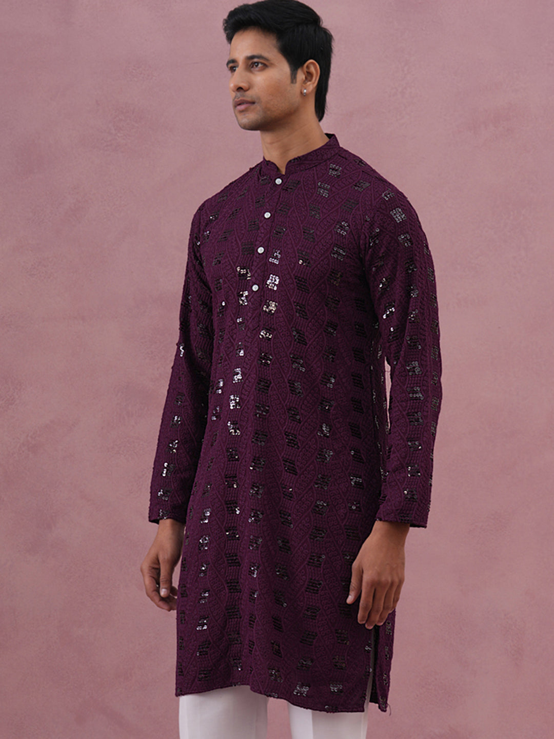 Sequin-Embellished Rayon Embroidered Kurta (65KO 5331 Purple ) [FF] [O-6]