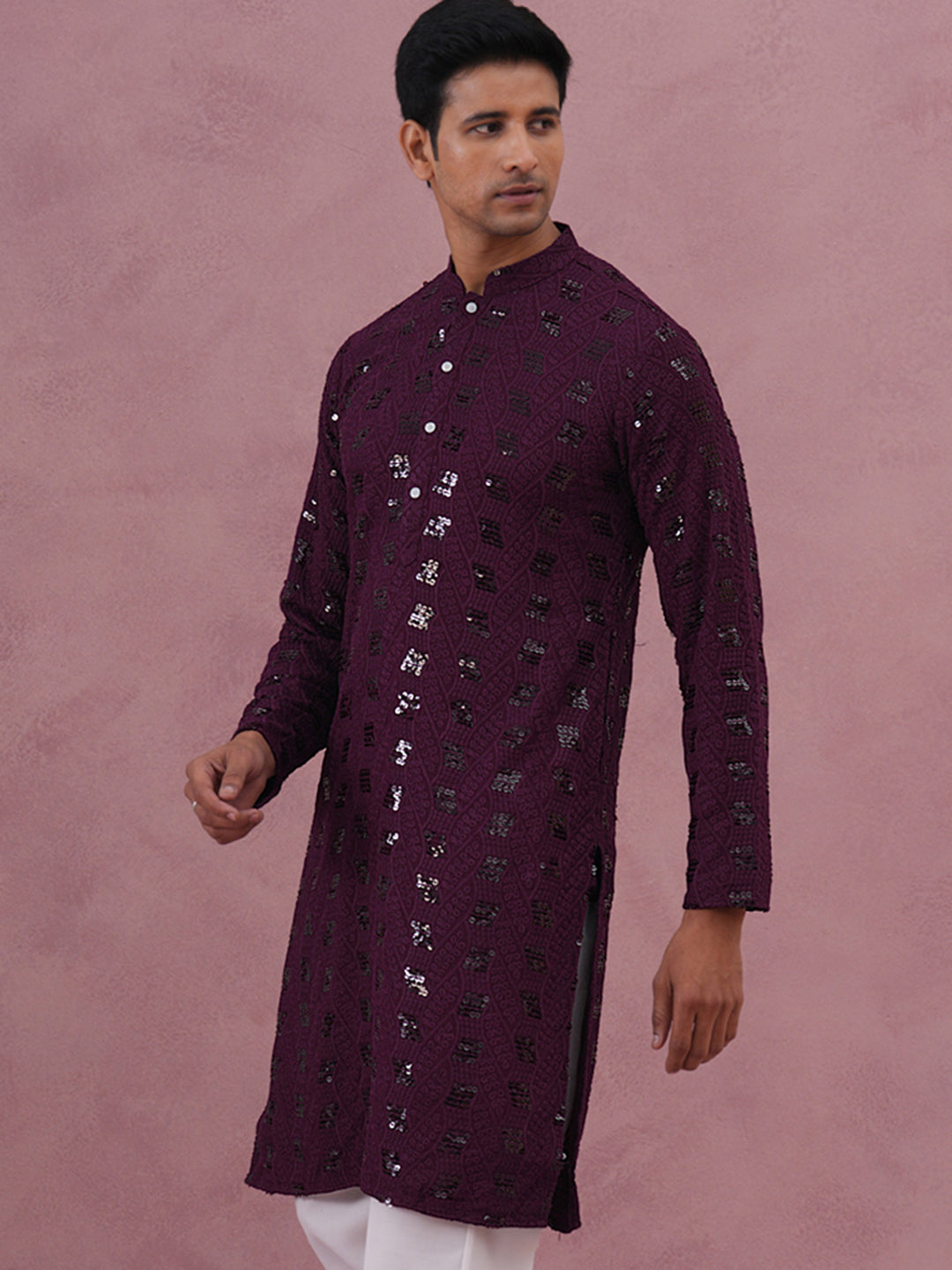 Sequin-Embellished Rayon Embroidered Kurta (65KO 5331 Purple ) [FF] [O-6]