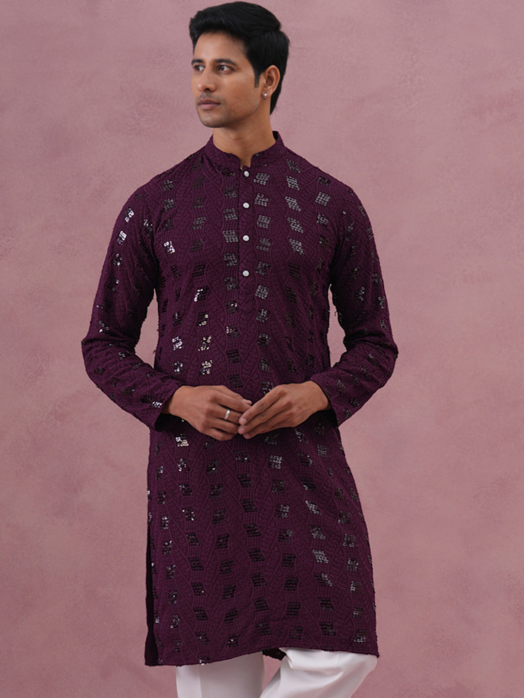 Sequin-Embellished Rayon Embroidered Kurta (65KO 5331 Purple ) [FF] [O-6]