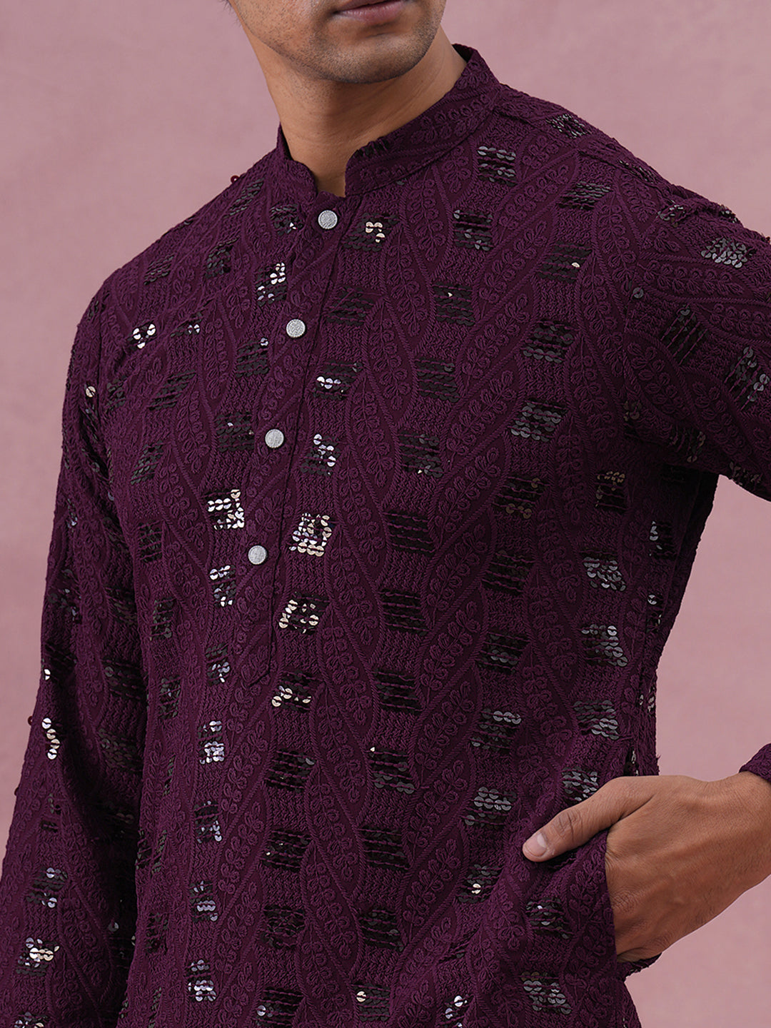 Sequin-Embellished Rayon Embroidered Kurta (65KO 5331 Purple ) [FF] [O-6]